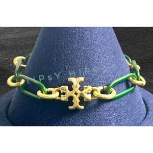 Tory Burch Women's Gold & Green Link Roxanne Bracelet With Logo